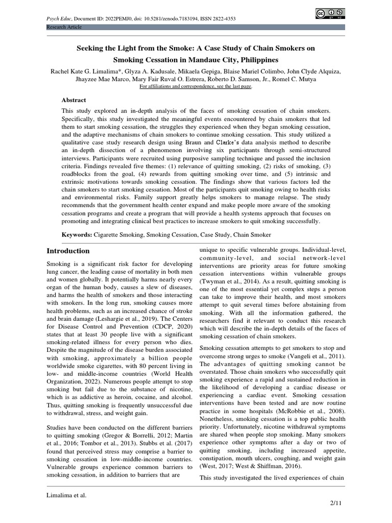 Seeking The Light From The Smoke A Case Study of Chain Smokers On Smoking Cessation in Mandaue