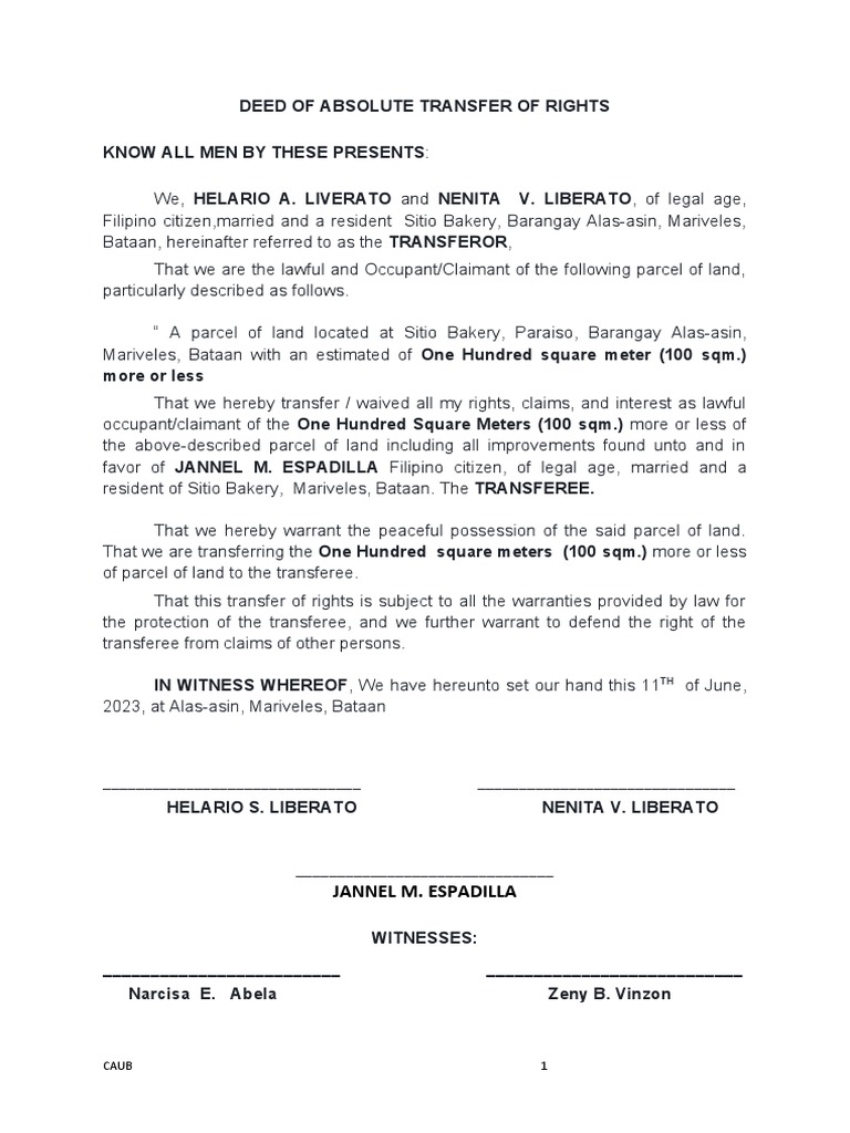 Deed of Absolute Transfer of Rights - Hermie v. Liberato | PDF