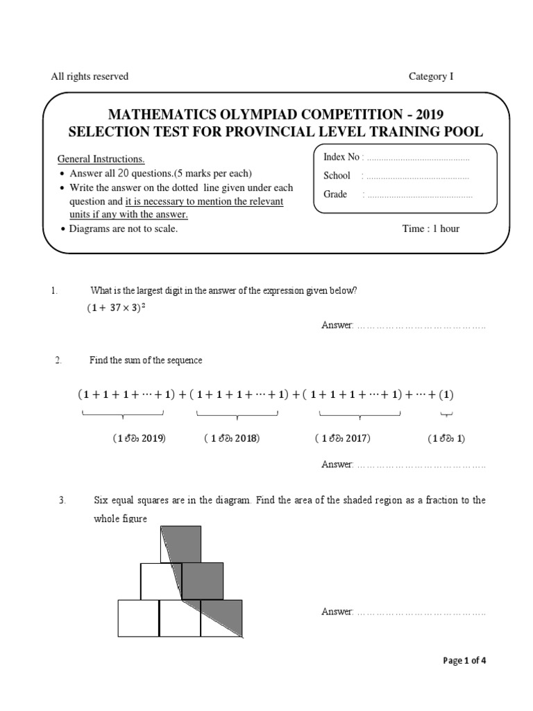 2019 Math Olympiad Selection Test PDF