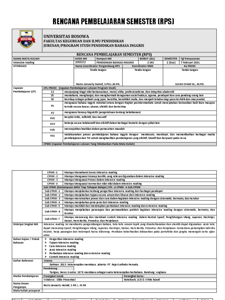 RPS Kewirausahaan II and RPS Intensive Reading 1920 | PDF