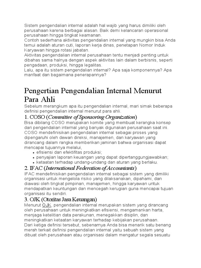 Sistem Pengendalian Internal Adalah Hal Wajib Yang Harus Dimiliki Oleh
