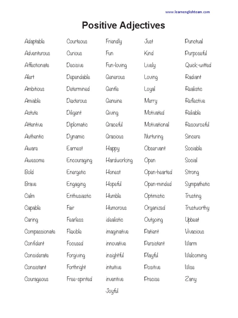 Positive Adjectives To Describe A Person Free Printable Worksheet PDF