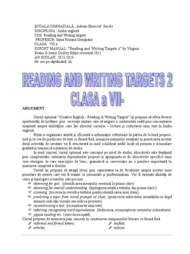 CDS READING AND WRITING TARGETS 2 CLASA 7 PDF