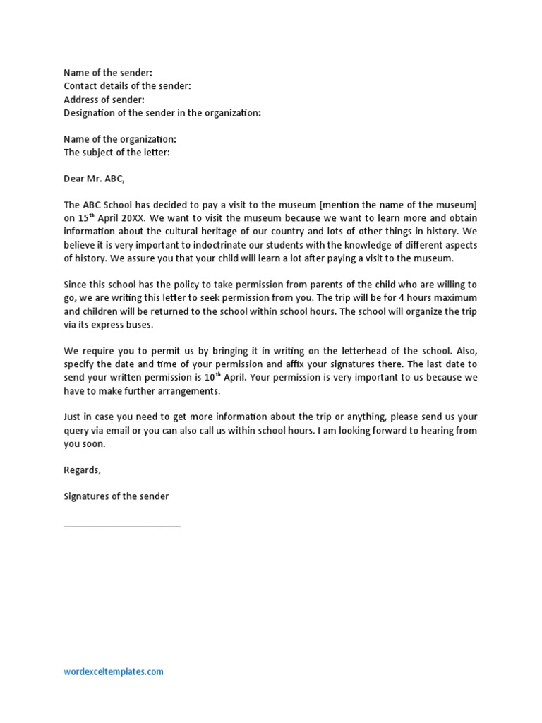 Permission Letter to Visit a Museum PDF