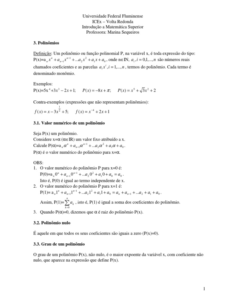 Conceitos e Operações com Polinômios | PDF | Equações | Matemática ...