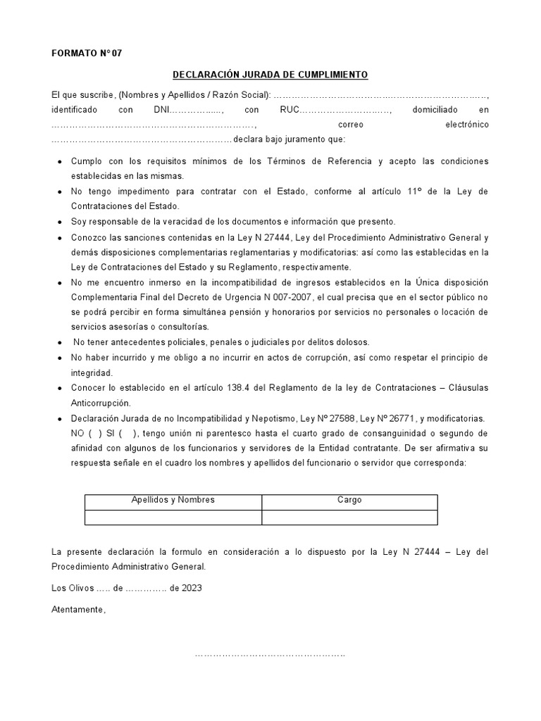 Declaración Jurada de Cumplimiento | PDF | Finanzas y dinero | Ciencias ...
