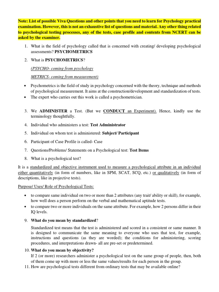 Psychology Viva Questions Guide | PDF | Validity (Statistics ...
