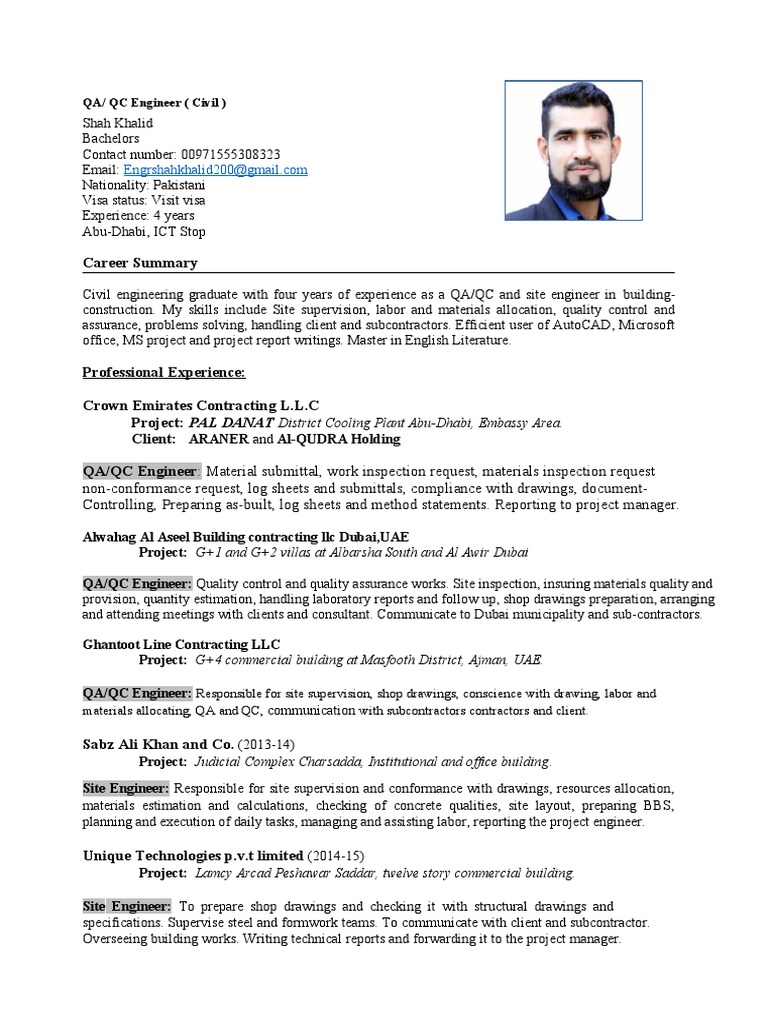 QA and QC Engineer, Shah Khalid | PDF | United Arab Emirates | Quality ...