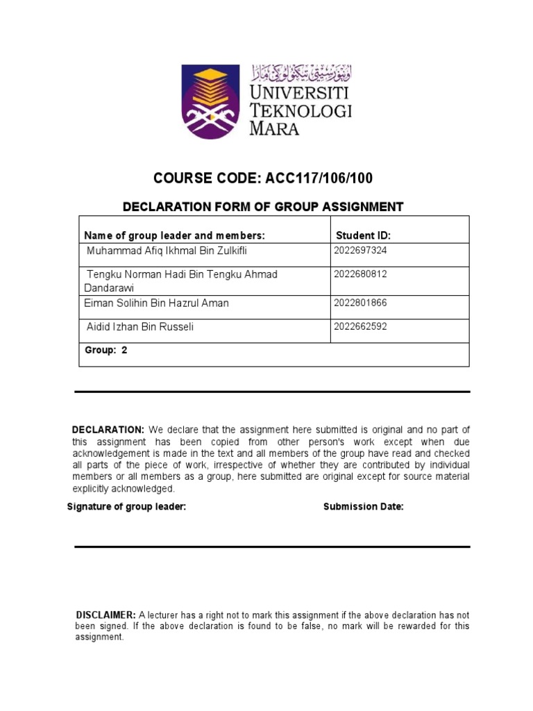 Group Assignment Declaration Form ACC117 | PDF