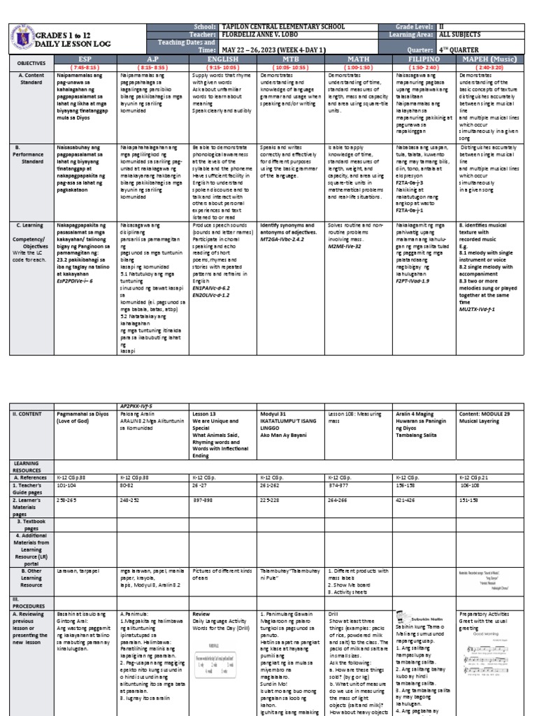 Daily Lesson Log for Grade 2 Students | PDF | Cognition | Linguistics