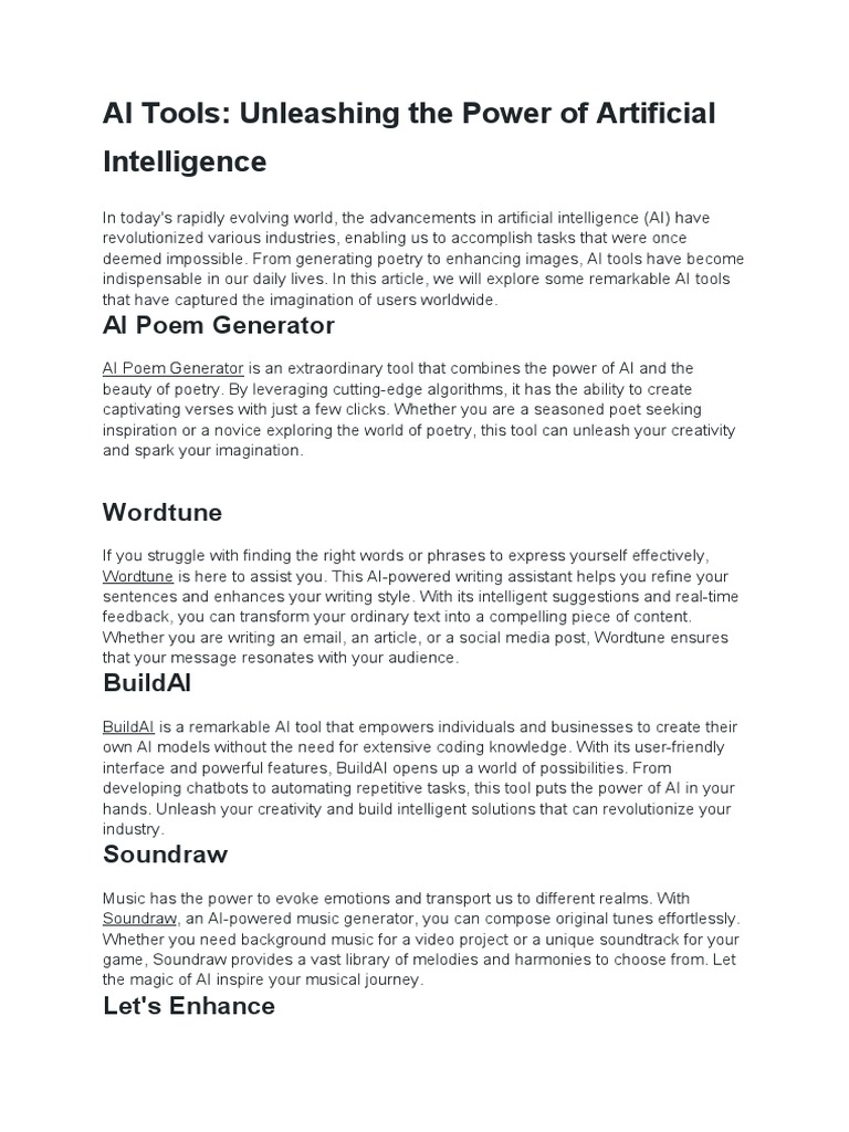 AI Tools: Unleashing The Power of Artificial Intelligence | PDF