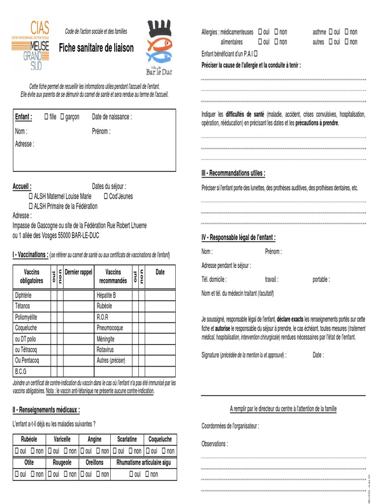 Fiche Sanitaire de Liaison Enfant | PDF