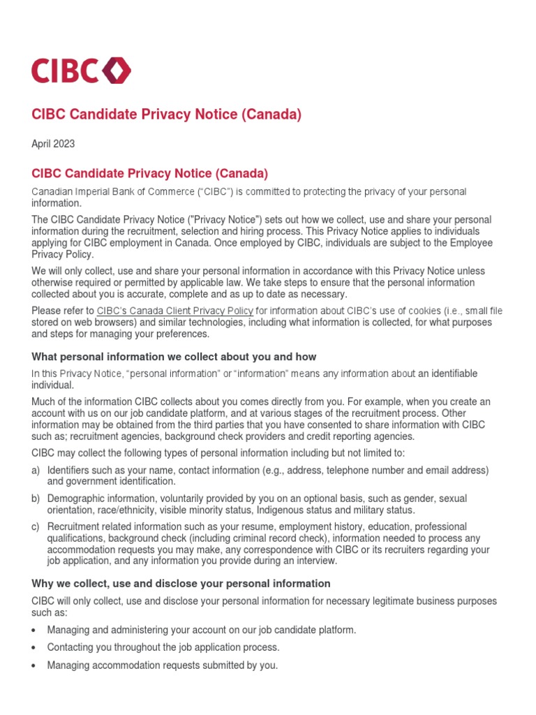 CIBC Candidate Privacy Notice | PDF | Background Check | Privacy