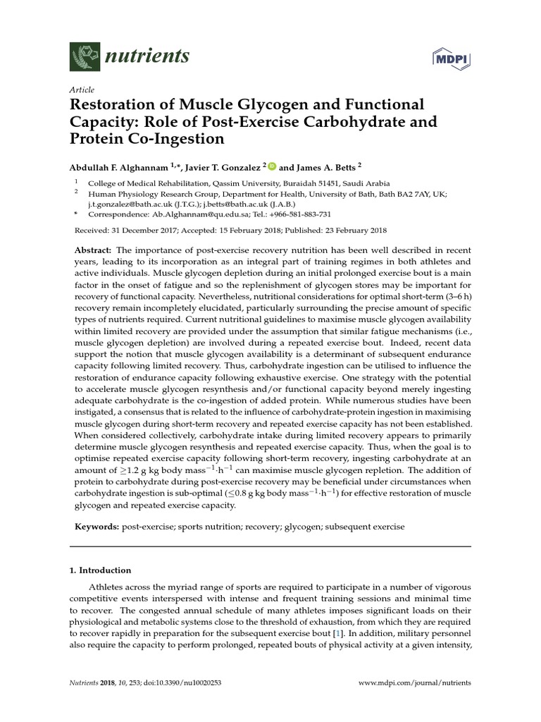 Restoration of Muscle Glycogen and Functional Capacity Role of Post ...