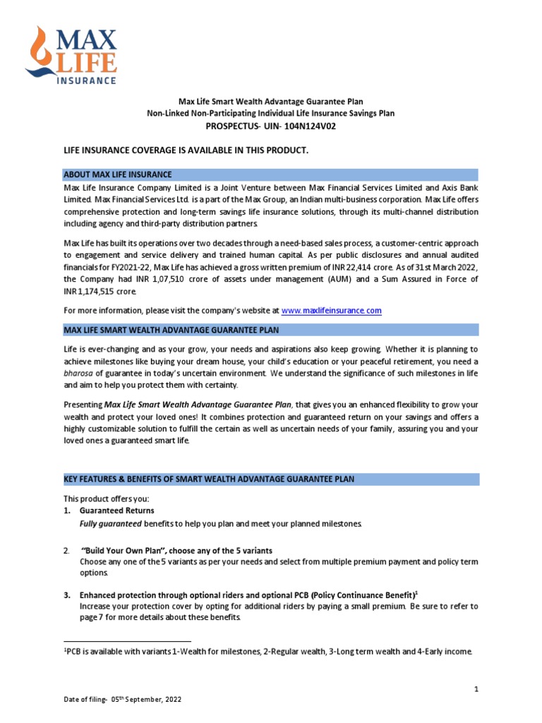 Max Life Smart Wealth Advantage Guarantee - Plan - Prospectus | PDF ...