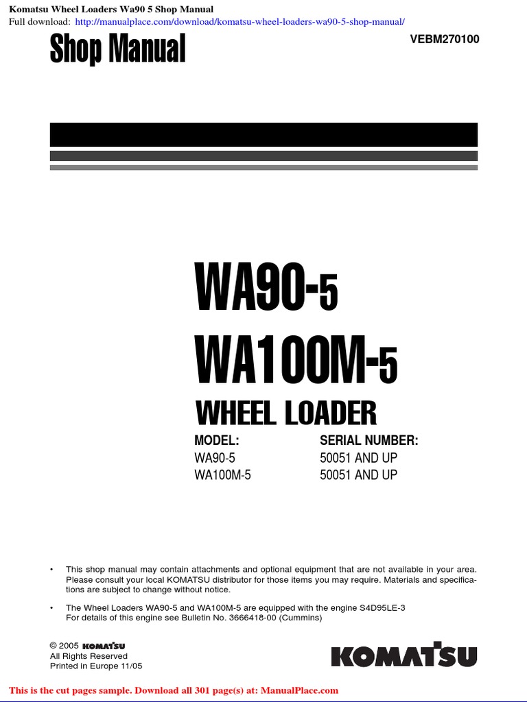 Komatsu Wheel Loaders Wa90 5 Shop Manual | PDF | Screw | Rope