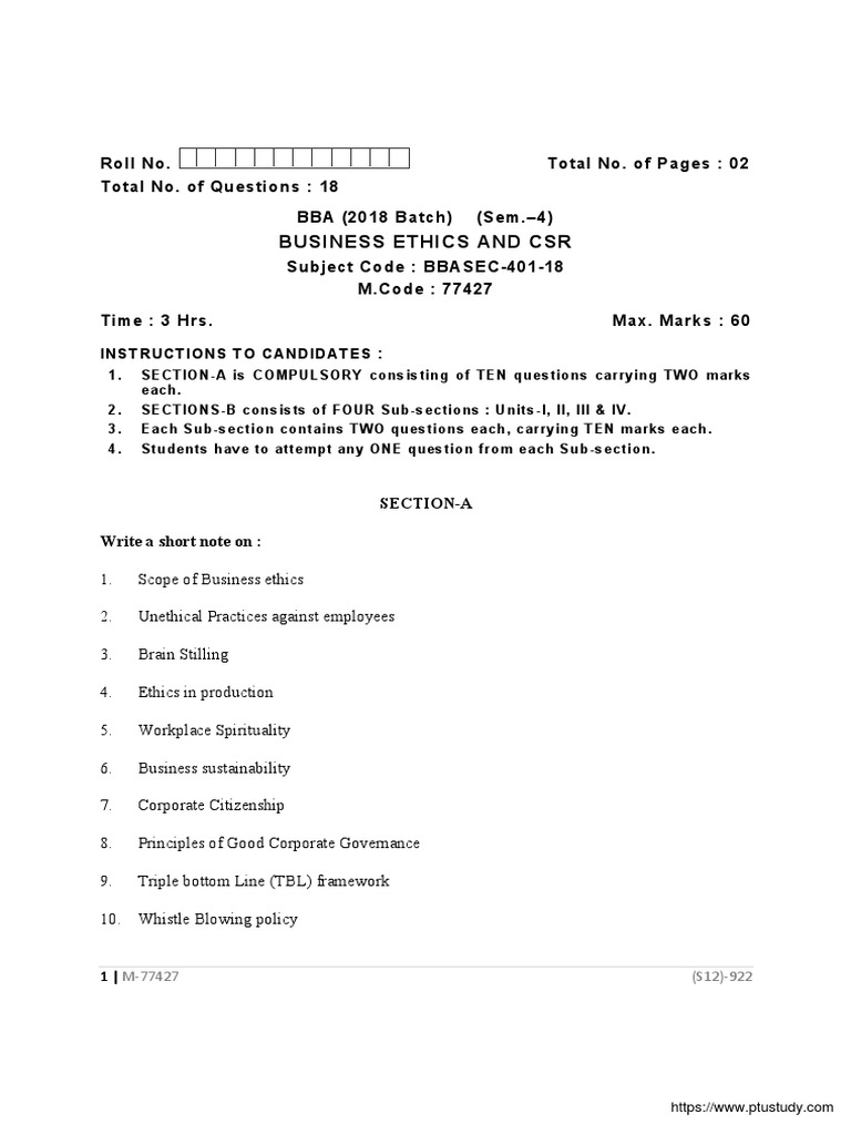 Business Ethics and CSR Exam Guide | PDF | Corporate Social ...