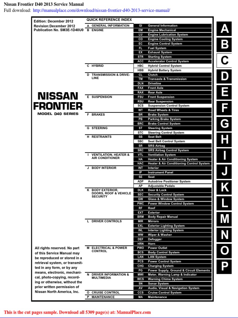 2012 NISSAN FRONTIER OWNERS MANUAL PDF visual data 5