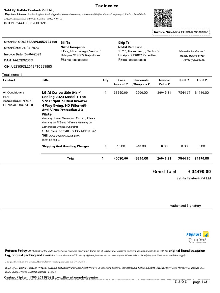 Bathla Teletech Pvt Ltd Invoice Details | PDF