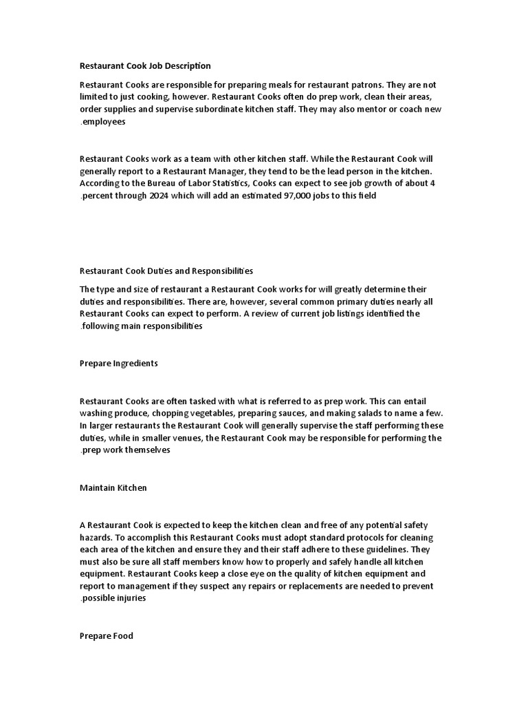 Restaurant Cook Job Description PDF Restaurants Cooking