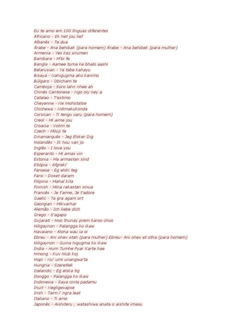 Eu Te Amo em 100 Línguas Diferentes | PDF | Famílias linguísticas ...