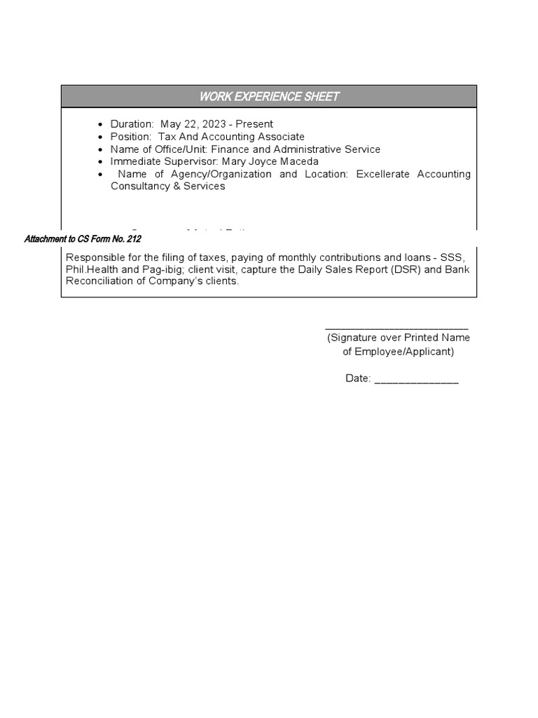CS Form No. 212 Attachment Work Experience Sheet PDF