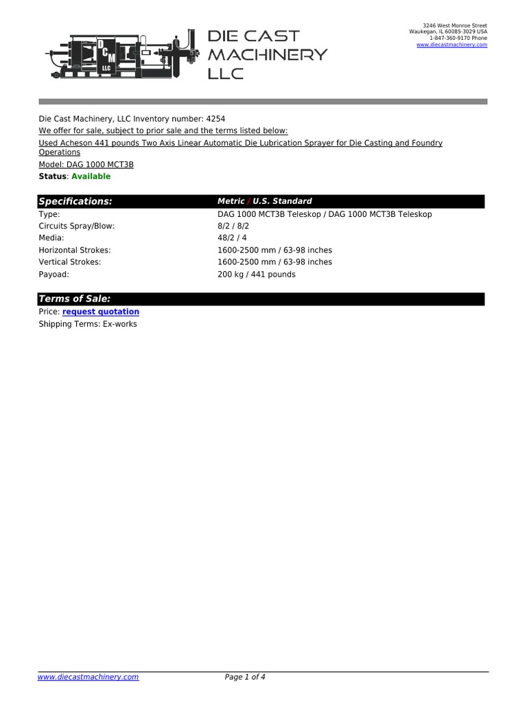 Acheson 441 Die Sprayer For Die Cast Foundry DCM 4254 PDF Indemnity