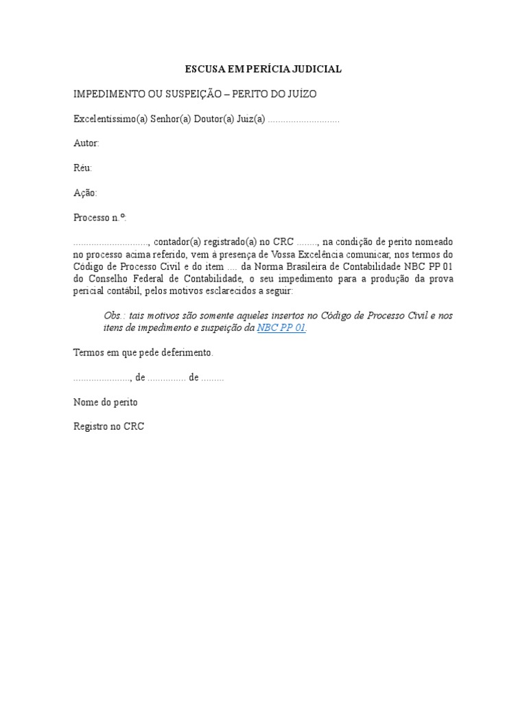 Escusa de Perito Judicial: Impedimentos | PDF | Finanças e ...