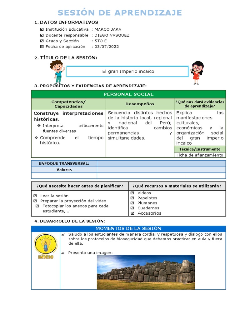 Sesión de Aprendizaje: Imperio Incaico | PDF | Imperio Inca | Aprendizaje