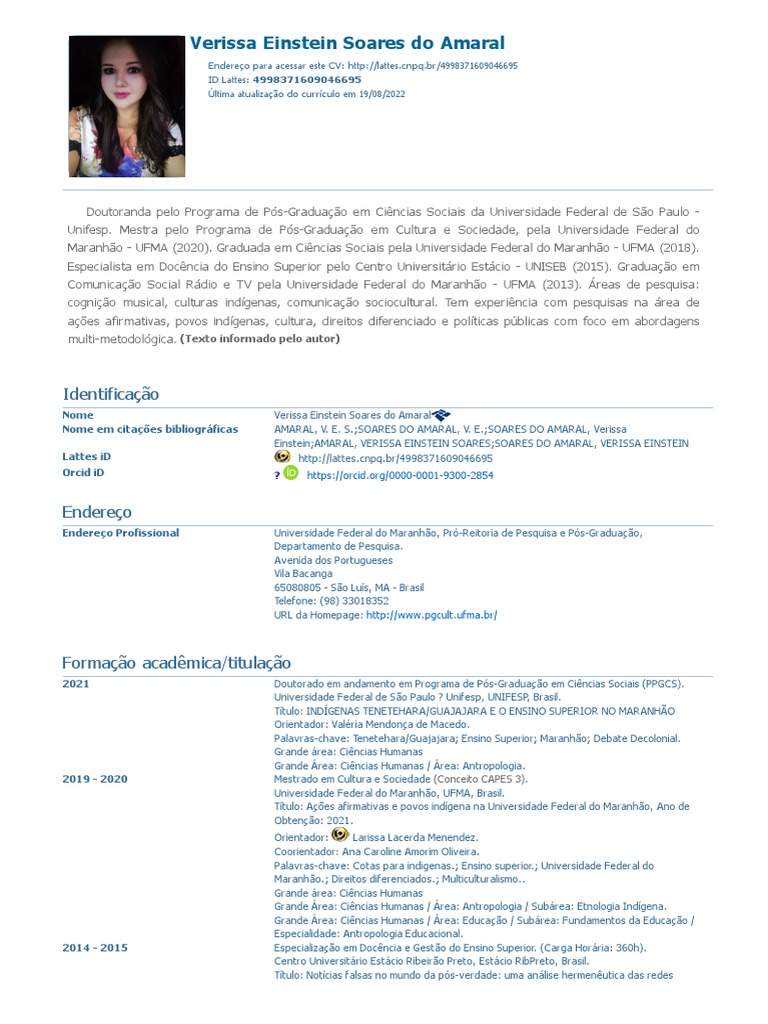 Formação Acadêmica de Verissa Amaral | PDF | Sociologia | Antropologia