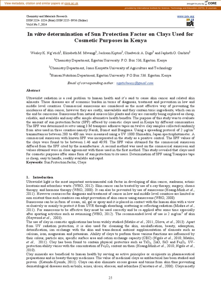 In Vitro Determination of Sun Protection Factor On Clays Used For Cosmetic Purposes in Kenya