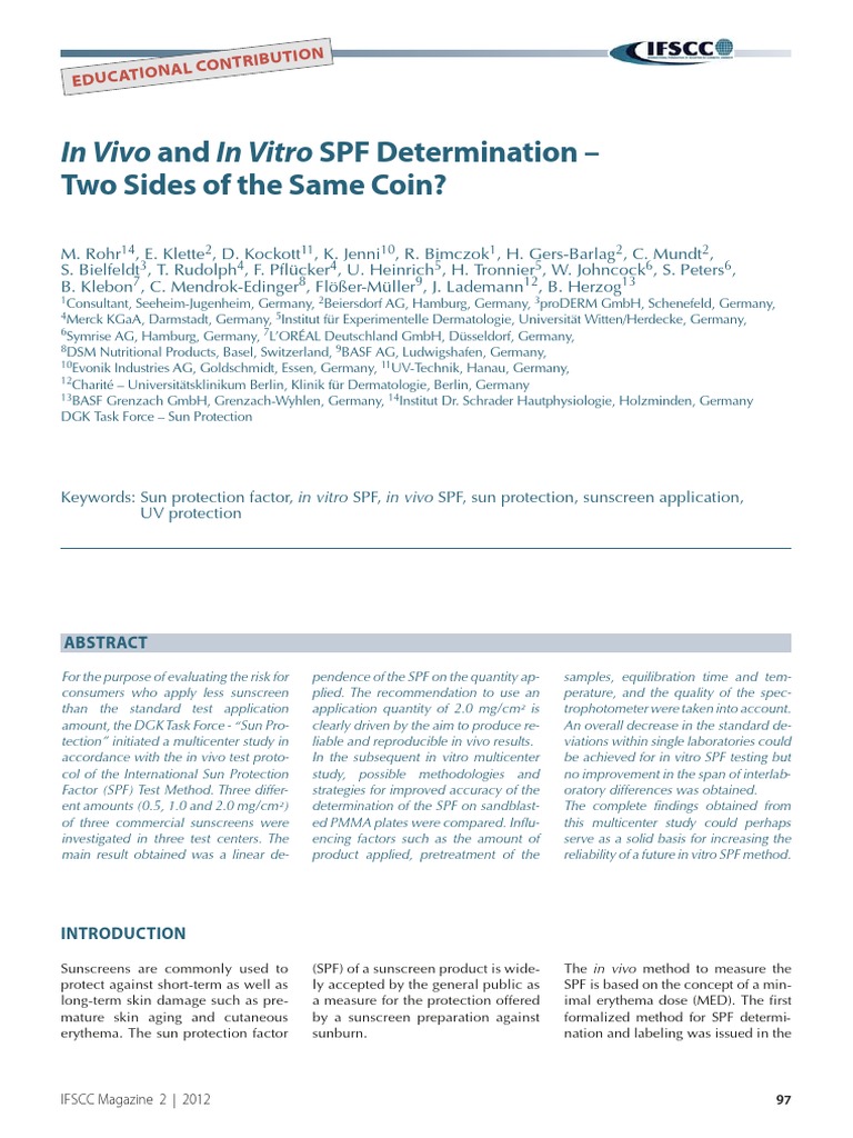 In Vivo and in Vitro SPF Determination Two Sides of The Same Coin | PDF