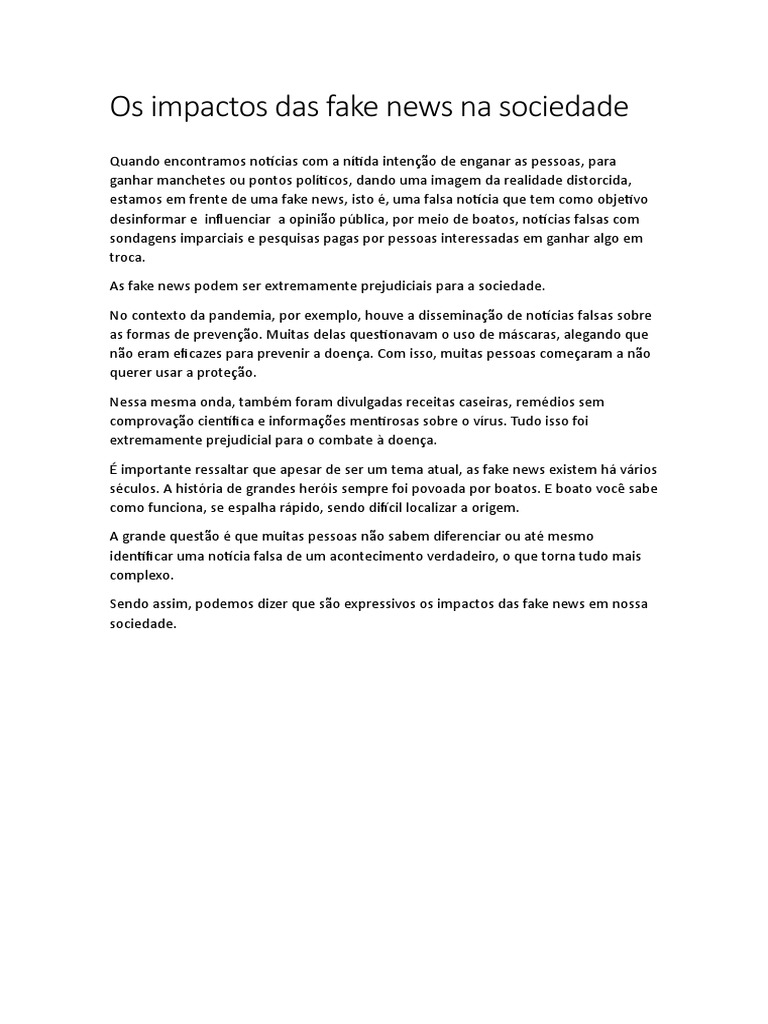 Redação Os Impactos Das Fake News Na Sociedade | PDF