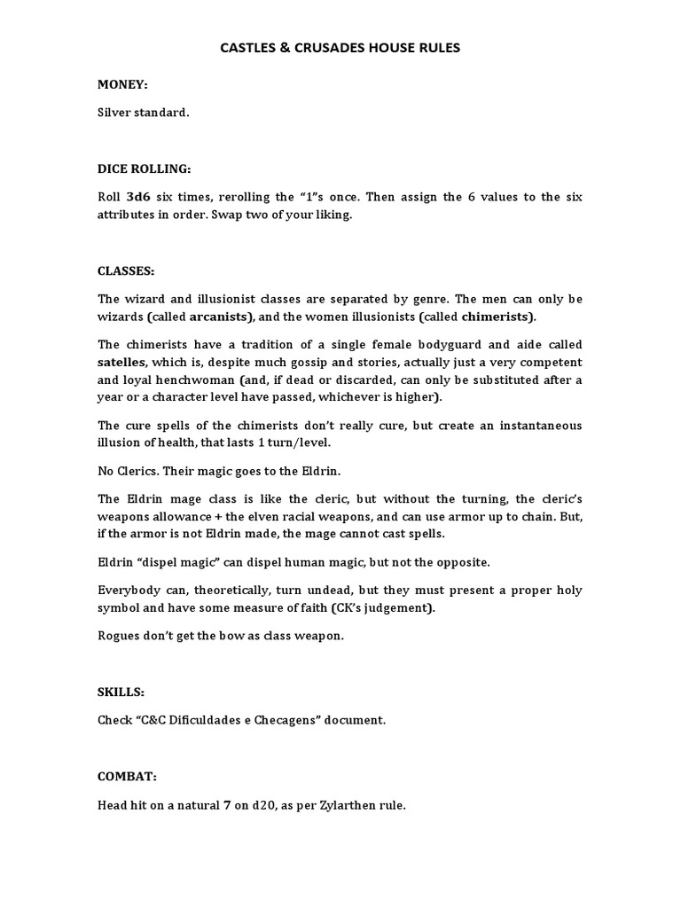 Castles & Crusades House Rules Guide | PDF | Fantasy Games | Tabletop Games