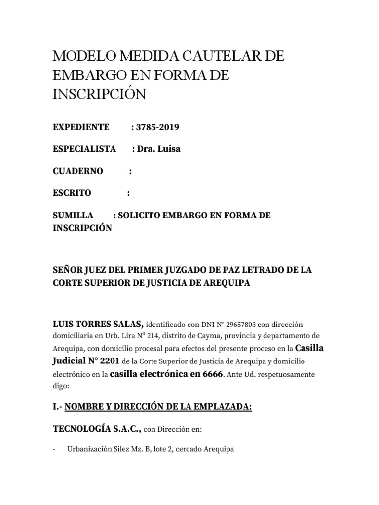 Documento (2) Modelo Medida Cautelar de Embargo en Forma de Inscripción ...