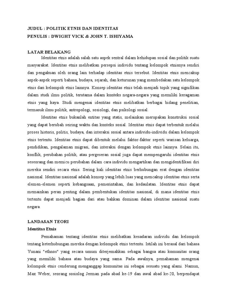 Judul Politik Etnis Dan Identitas Penulis Dwight Vick & John T