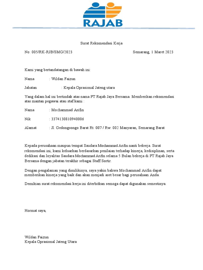 Surat Rekomendasi Kerja PT Rajab Jaya | PDF
