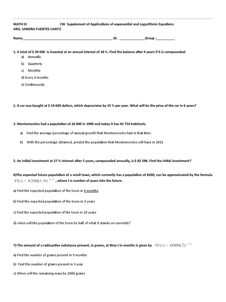 Applications of Logs and Exp Equations(1) PDF
