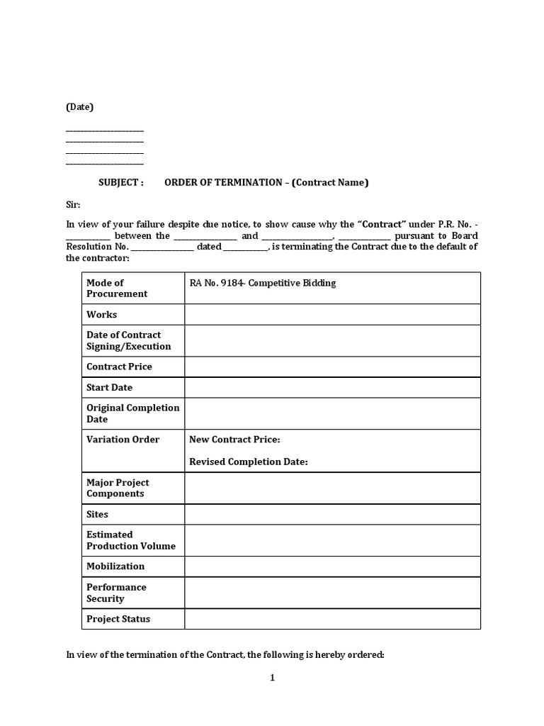RA 9184 Sample Order of Termination PDF