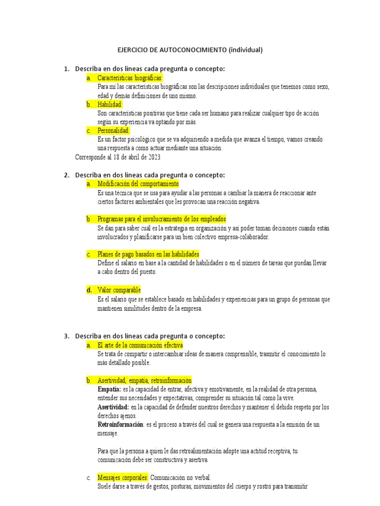 Ejercicio De Autoconocimiento Pdf