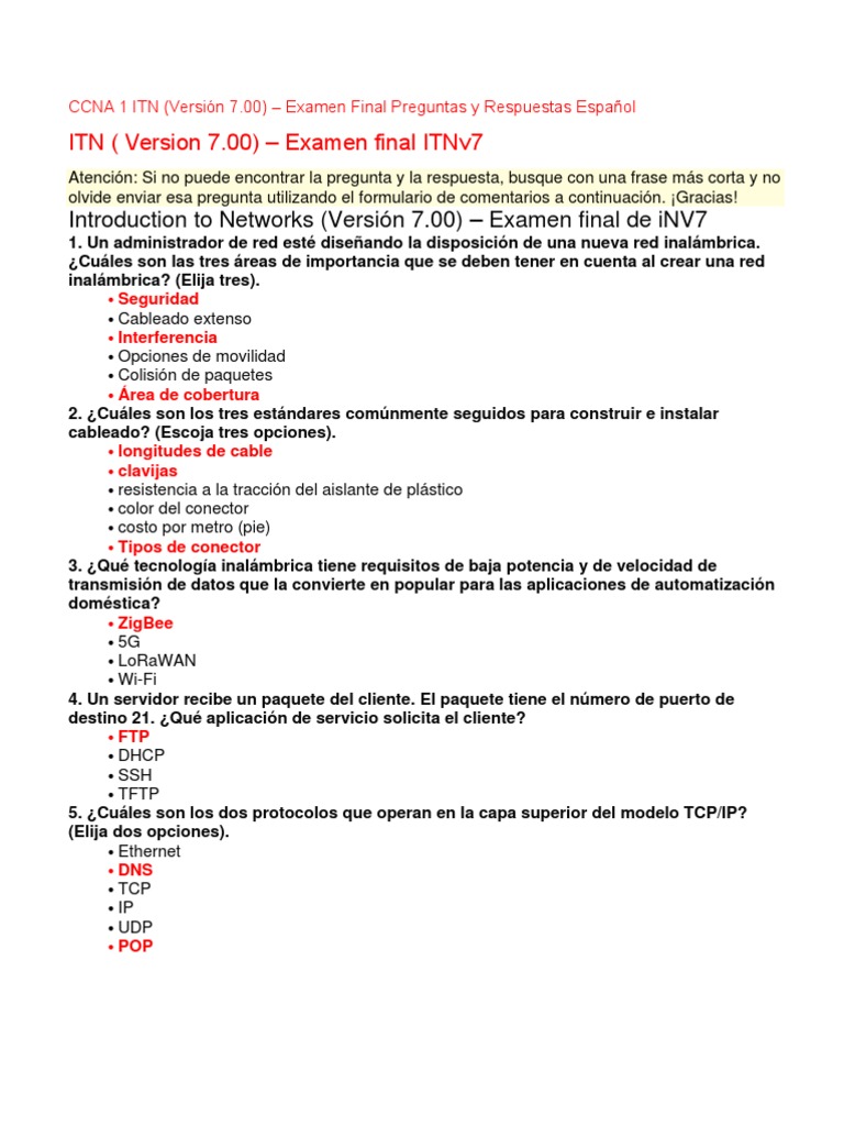 Introduction To Networks Version 7.00 Examen De Direccionamiento Ip