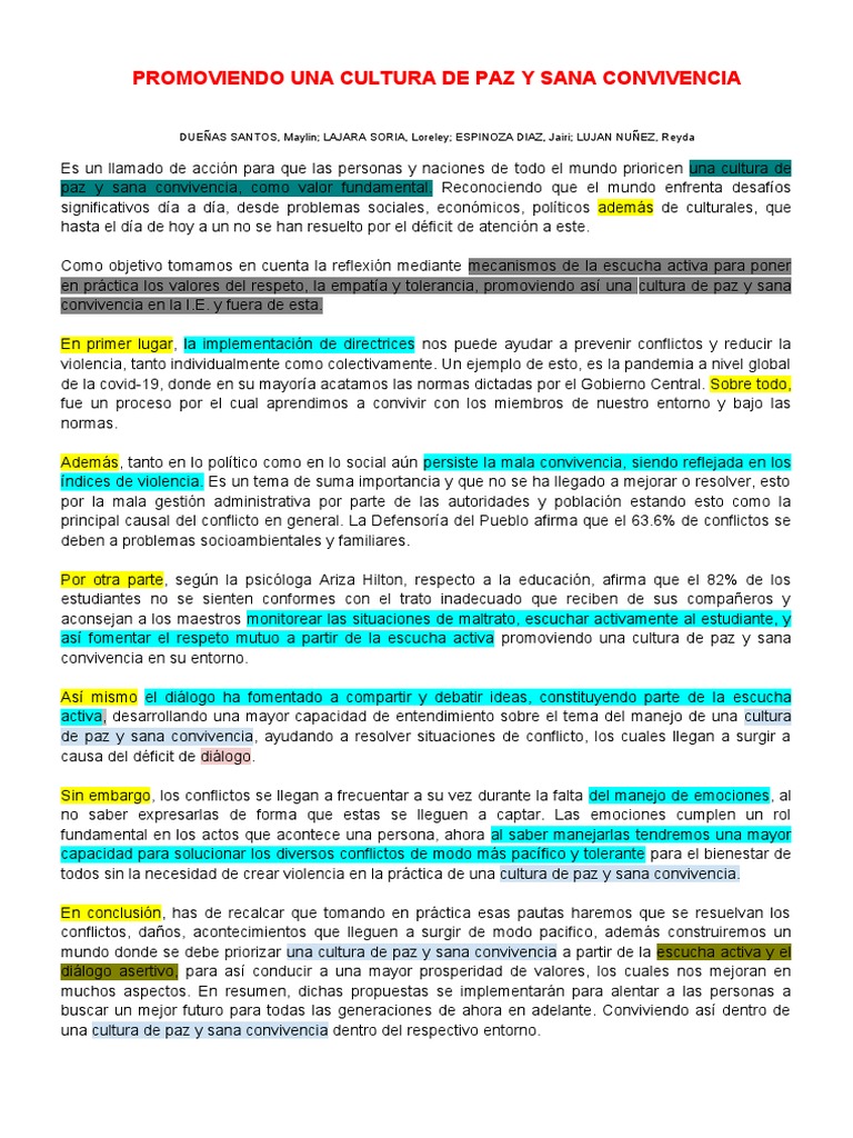 PROMOVIENDO UNA CULTURA DE PAZ Y SANA CONVIVENCIA | PDF | Paz | Violencia