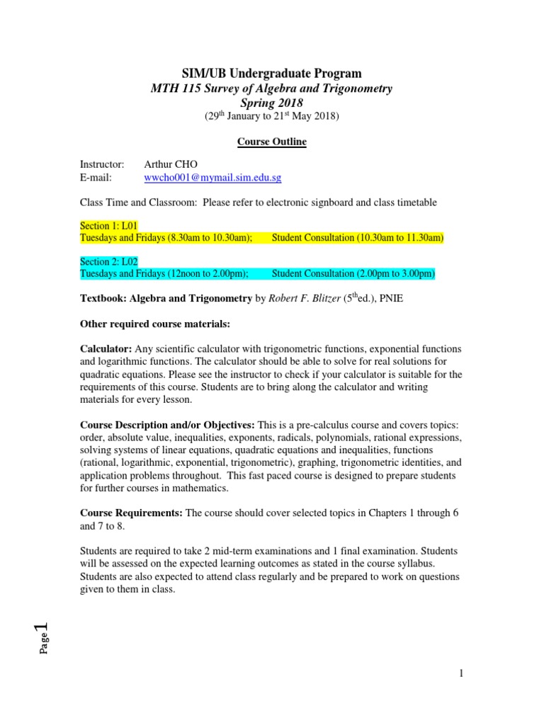 UB MTH 115 Course Syllabus 2018 | PDF