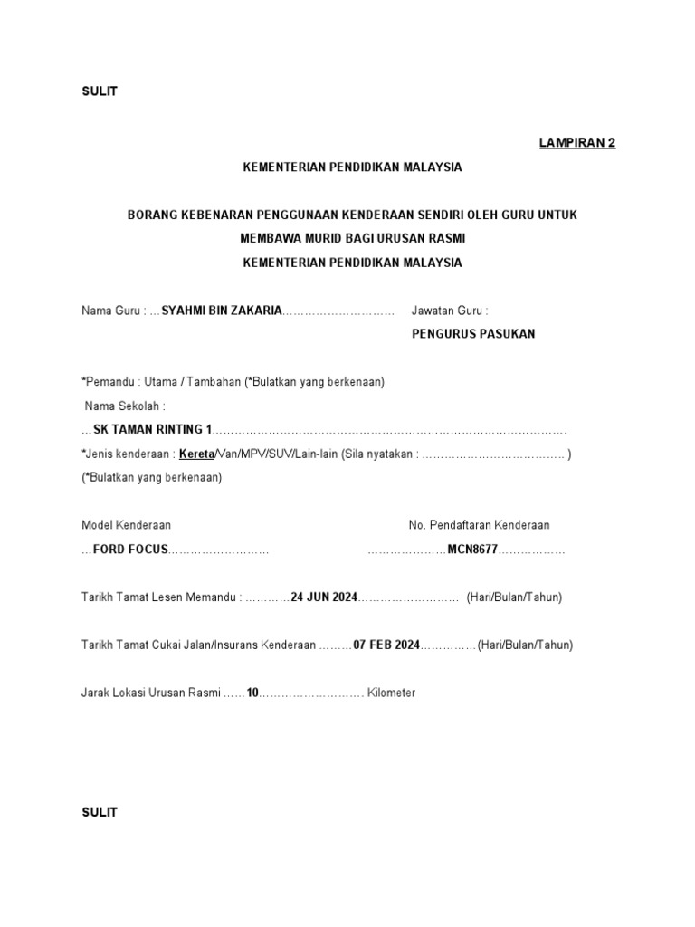 Borang Bawa Kenderaan Sendiri 2023 | PDF