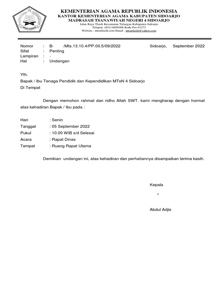 Undangan Rapat Dinas | PDF