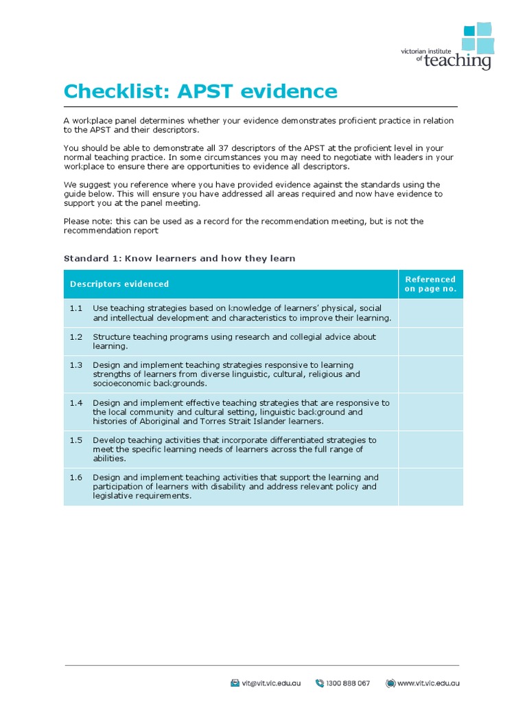 APST Evidence Checklist for Teachers | PDF