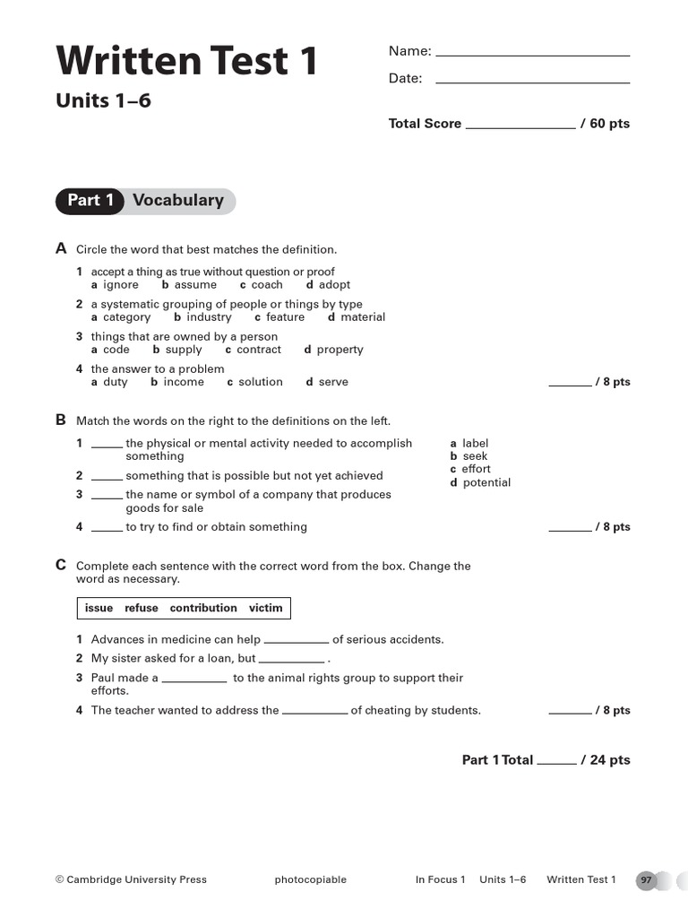 In Focus 1 Units 1-6 Written Test | PDF | Vocabulary | Communication