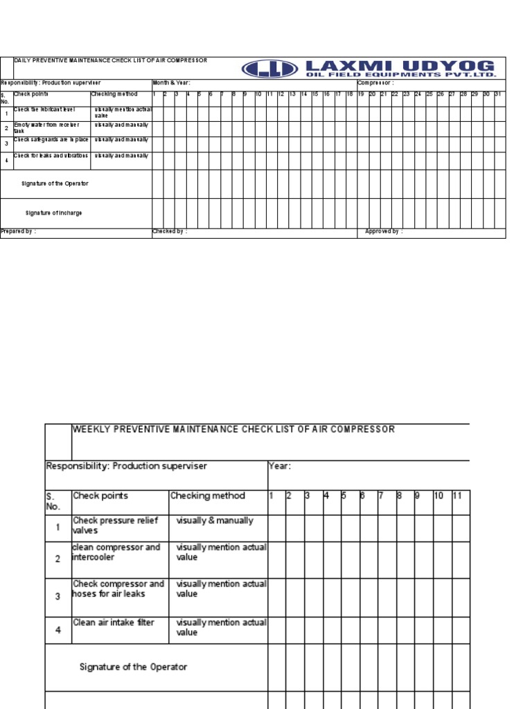 Air Compressor Preventive Maintenance Checklist PDF Energy Technology Equipment