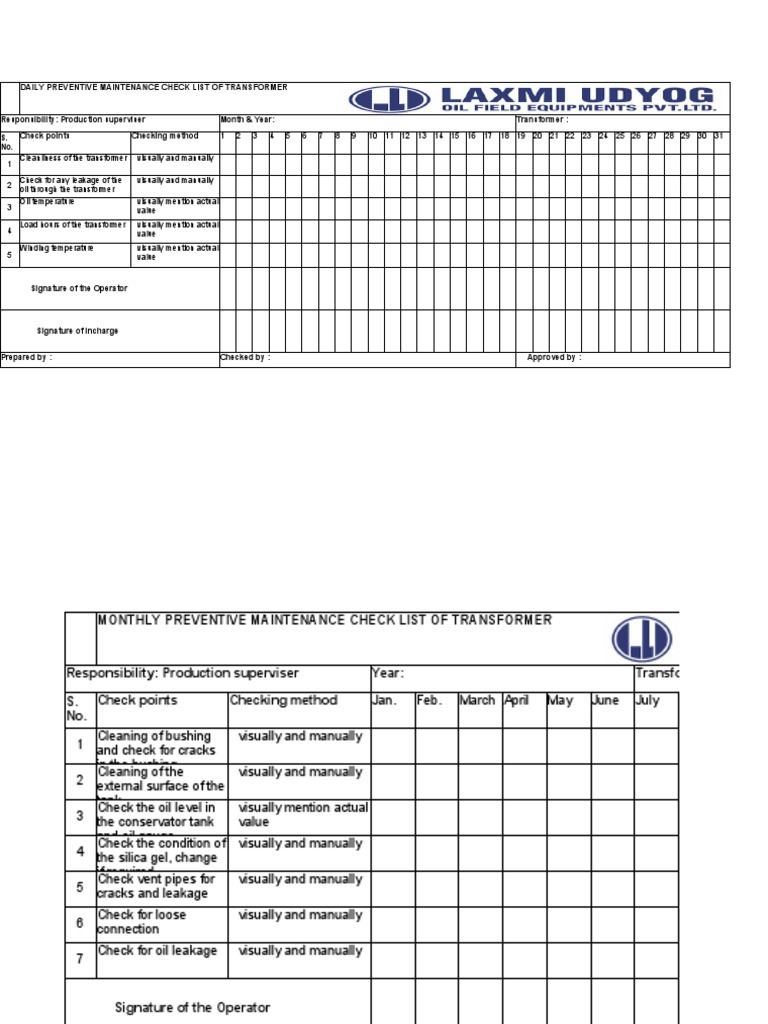 Transformer Preventive Maintenance Checklist | PDF | Transformer ...