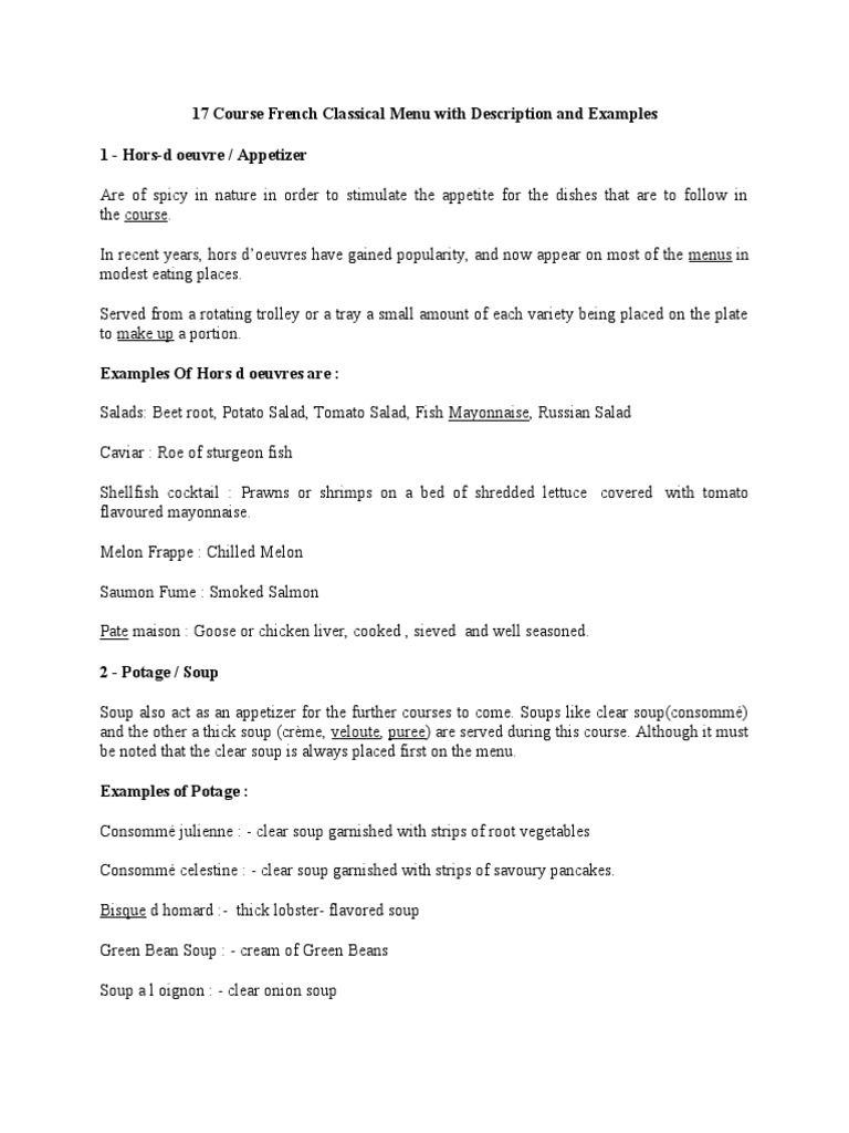 17-Course French Classical Menu Guide | PDF | Hors D'oeuvre | Pasta